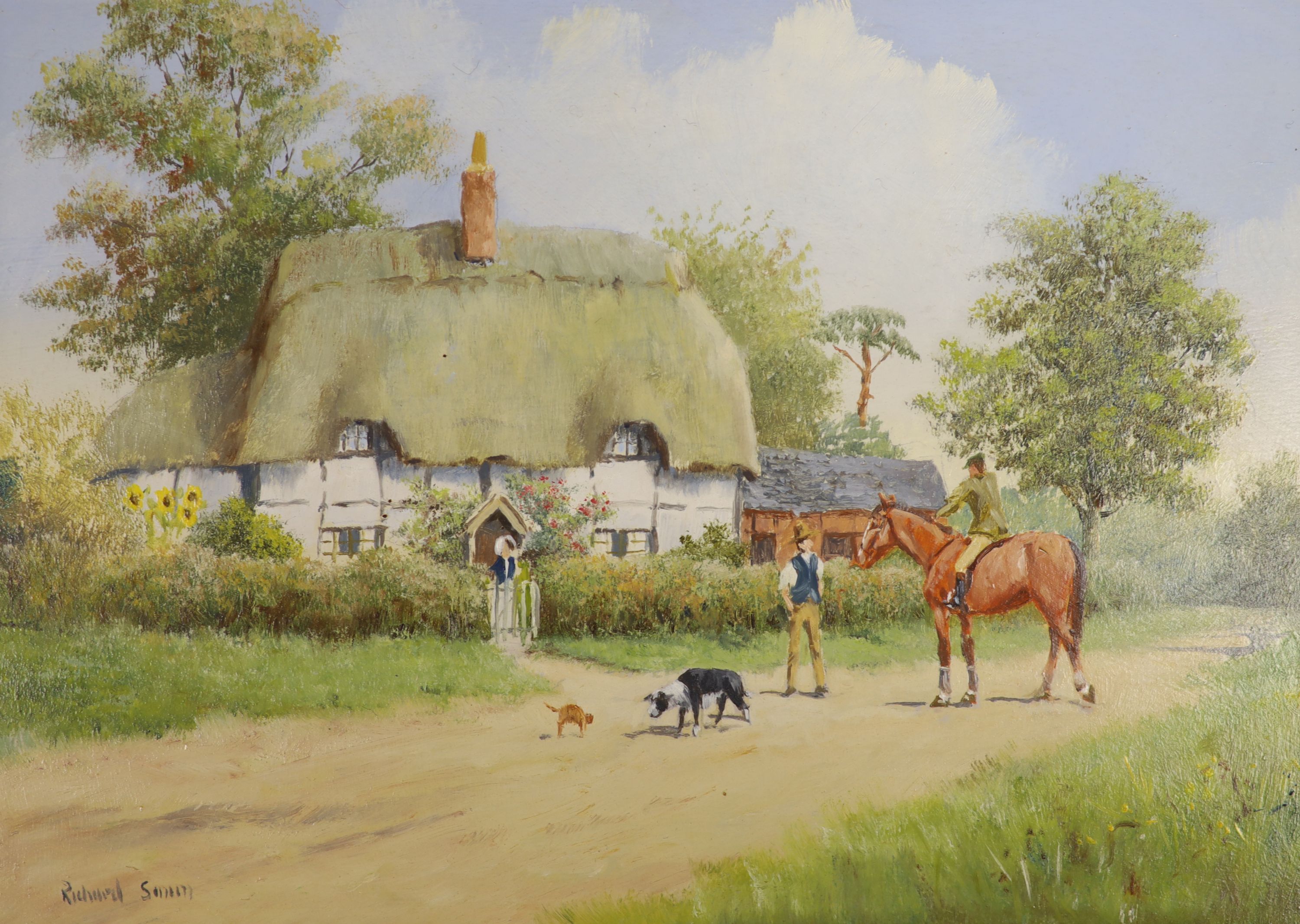 Richard Rhead Simm (b.1926), oil on panel, Figures beside a thatched cottage, signed, 12 x 17cm